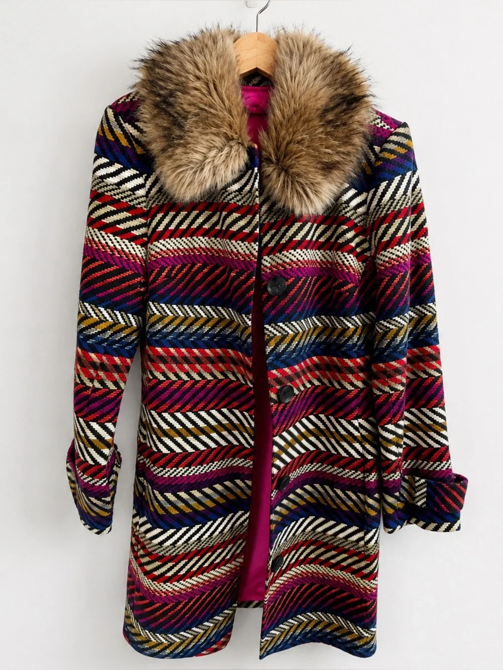 Trina Turk NWOT Kendell Striped Jacket Faux Fur Collar Size 6